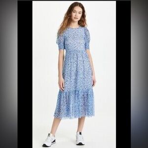 BAUM UND PFERDGARTEN Jocelyn Puff Sleeve Midi Tiered Mesh Dress Blue Leopard